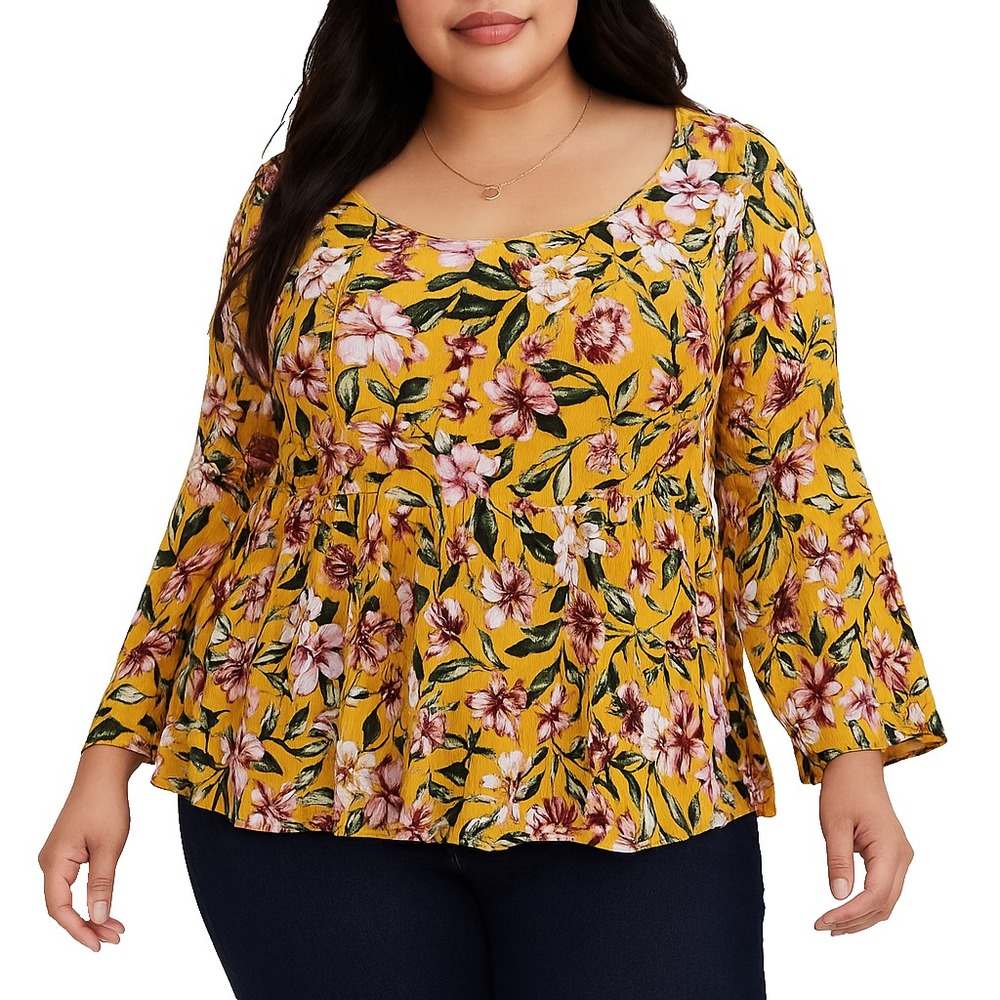 Torrid Yellow Floral‎ Peplum Blouse Womens 00 (M/L) Boho Long Sleeve Rayon Top